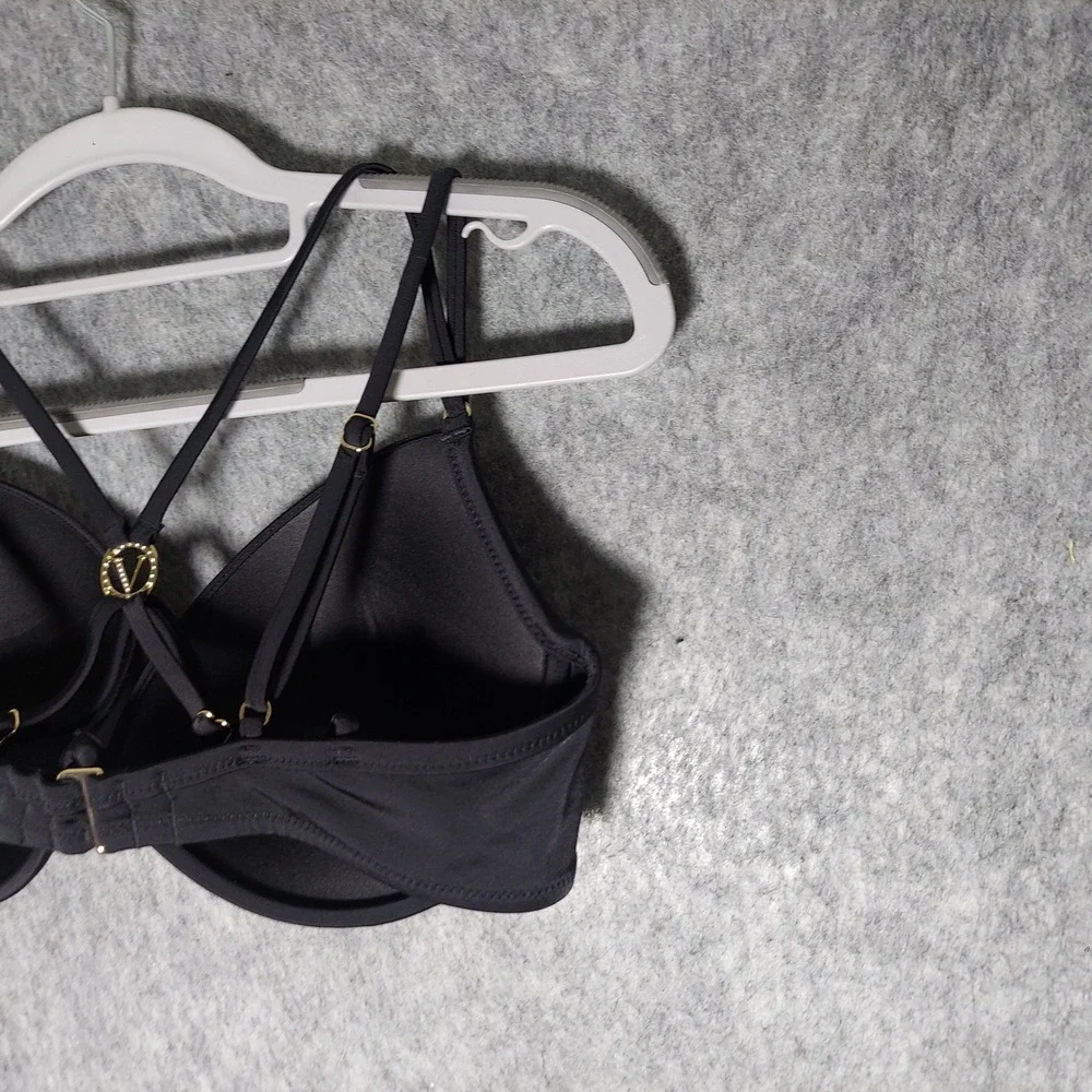 Victorias Secret Bikini Top 34D Black Push Up Wired Glam Rhinestone Logo Strappy
